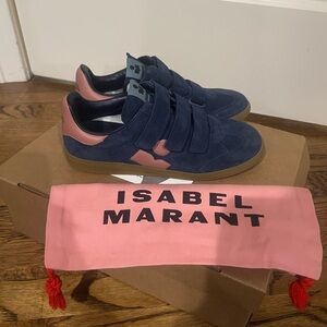 Brand New Isabel Marant Beth Low Top Sneaker in Blue Suede w Pink Logo Size 39